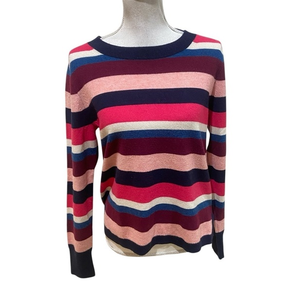J crew multi striped 100% cashmere crew neck sweater black ribbed hems large - Picture 1 of 10